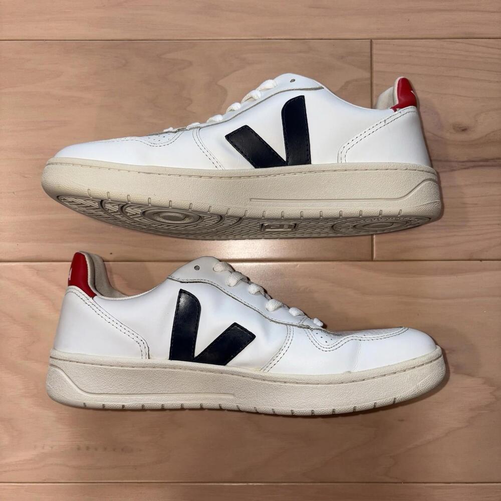 Veja V-10 Leather Sneaker in White with Navy V and Red Heel - Picture 3 of 8
